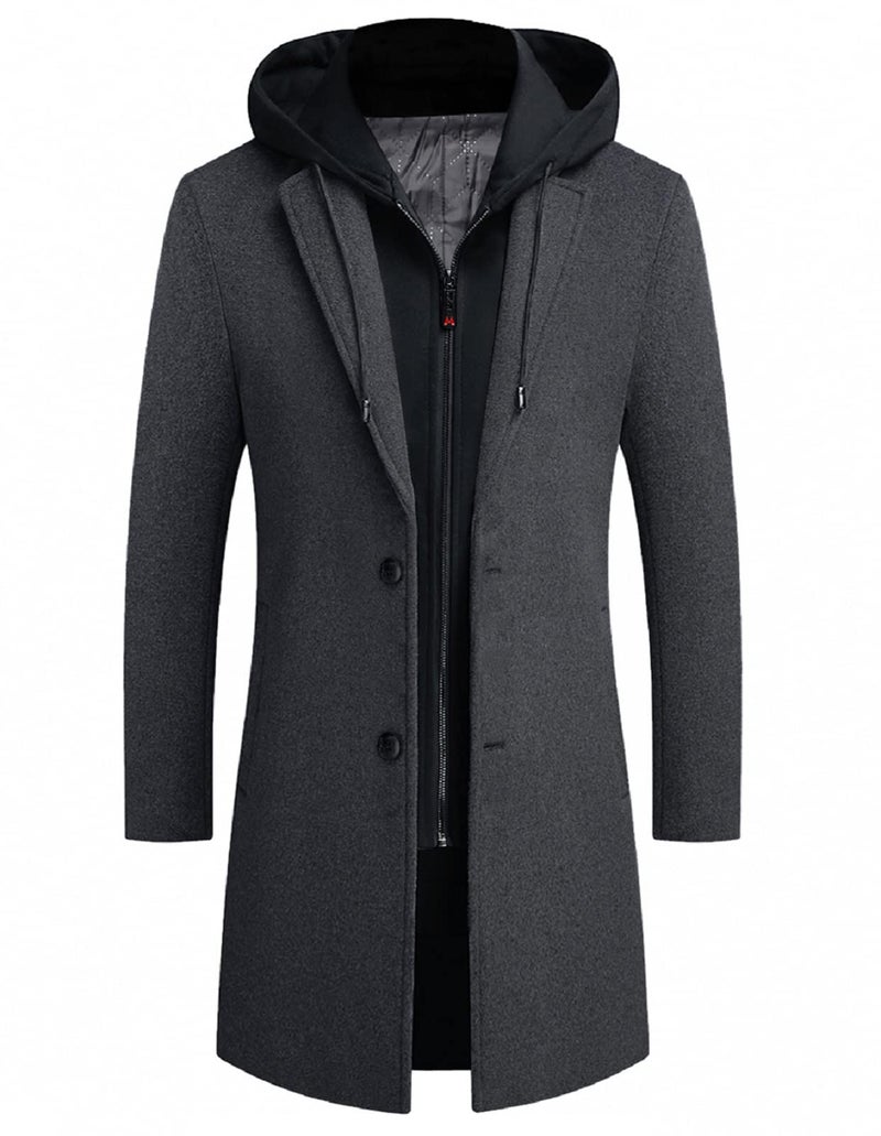 iCKER Mens Trench Coat Winter Wool Blend Jacket Overcoat Long Top Coat Warm Pea Coat-1908-Grey 1-XXL - Image 1